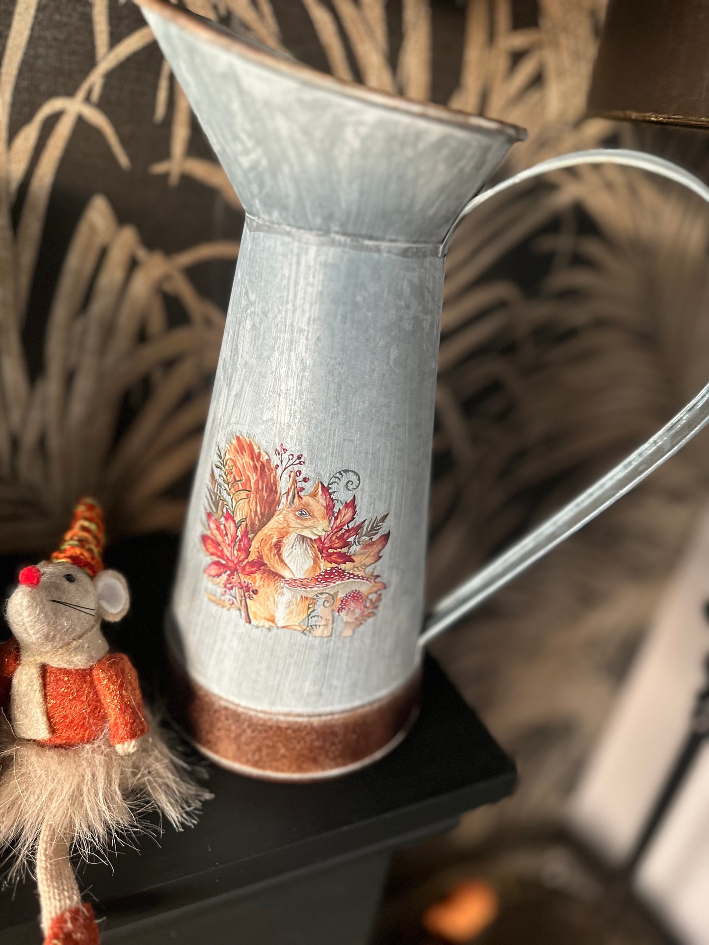 Metal Jug with Woodland Animals - Faux Stems Only
