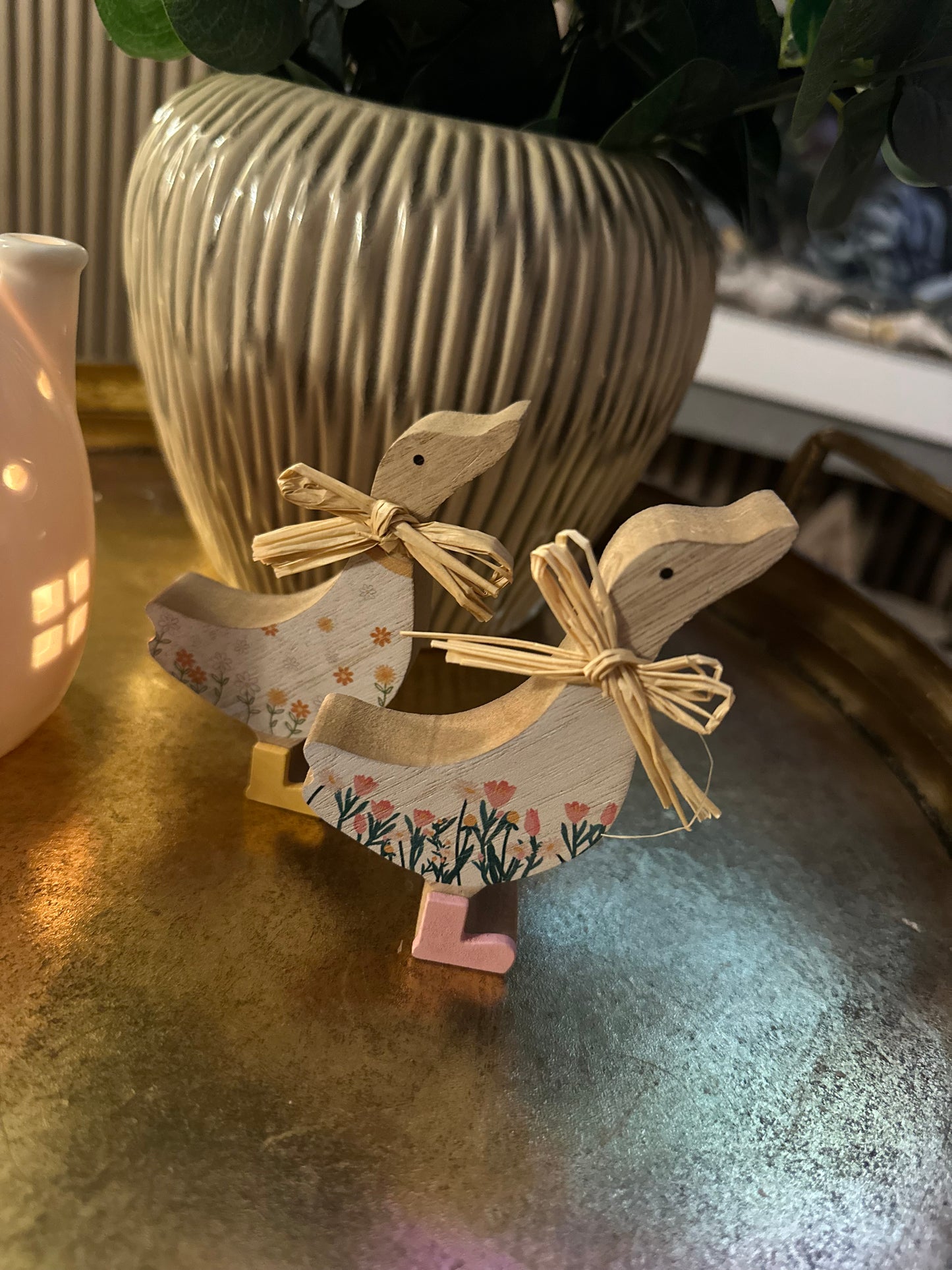 Set of Two Wooden Floral Ducks