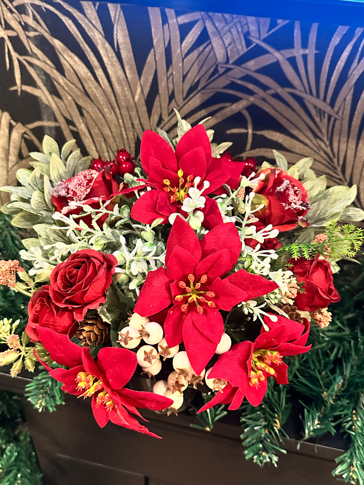 Faux Poinsettia & Rose Christmas Memorial Pot