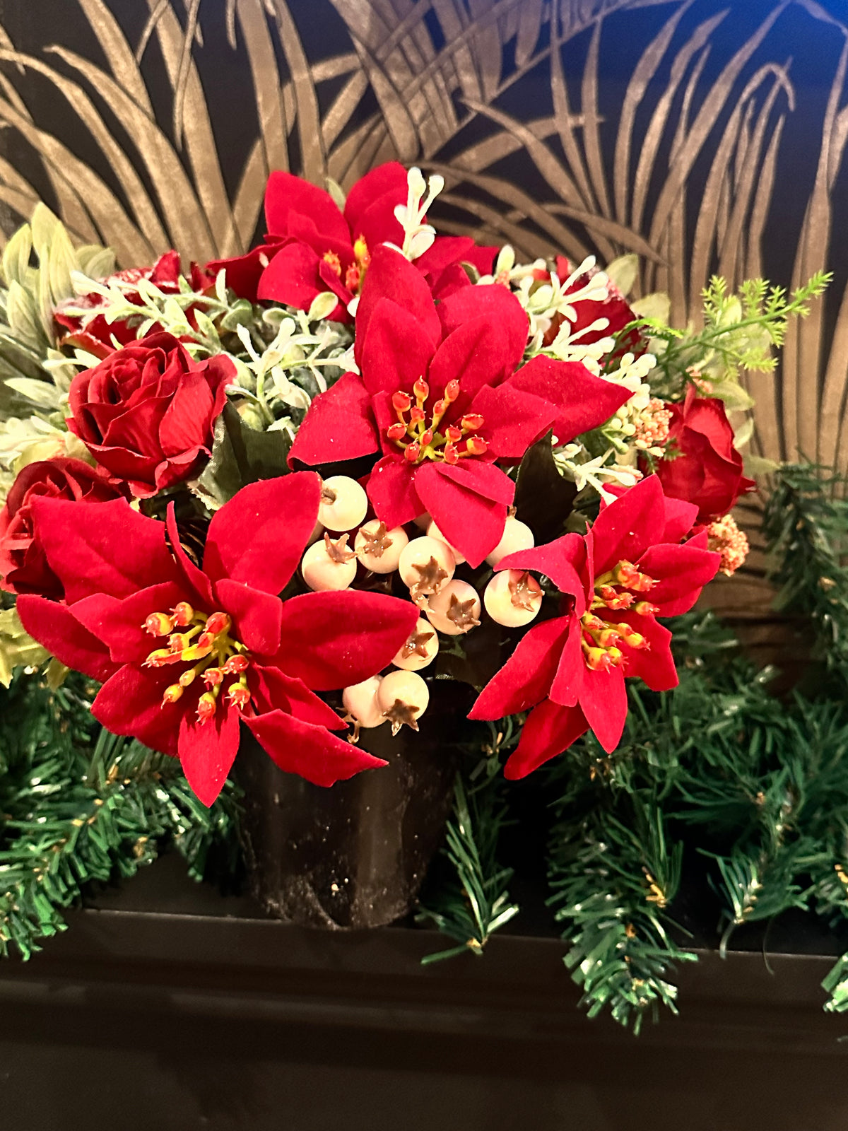 Faux Poinsettia & Rose Christmas Memorial Pot