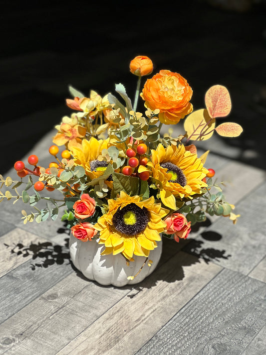 Ceramic White Pumpkin Faux Flower Arrangement