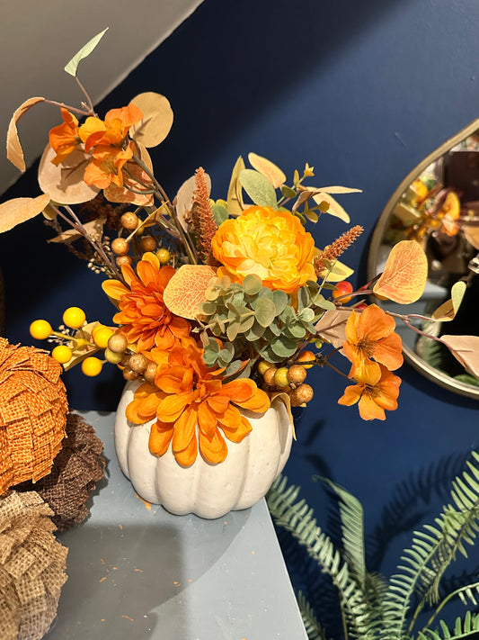 Ceramic White Pumpkin Flower Arrangement