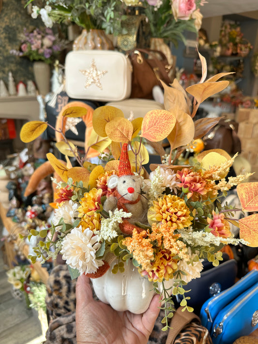 Ceramic Pumpkin with Faux Flowers with  mouse