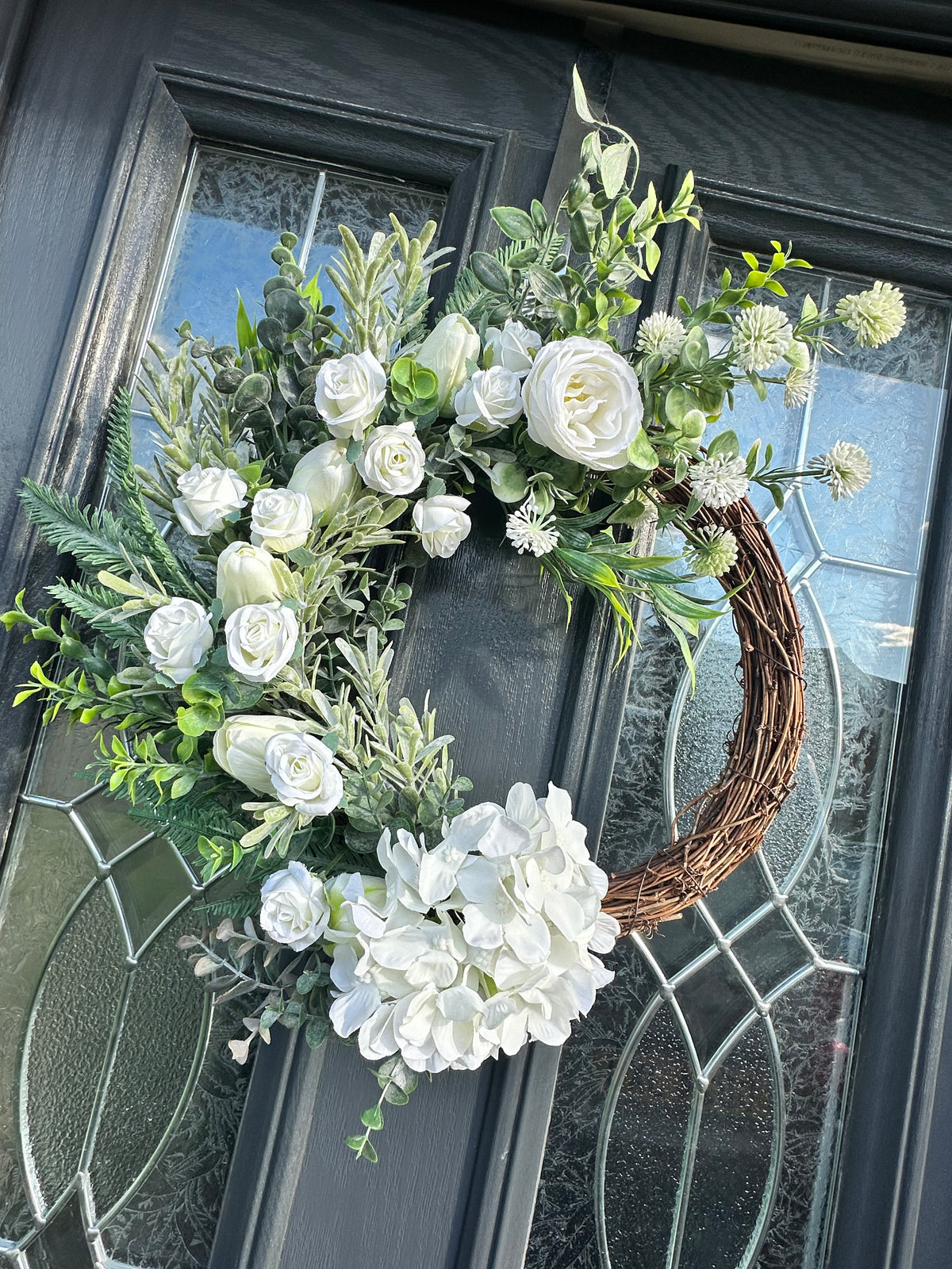 Faux White Flowers Grapevine Wreath