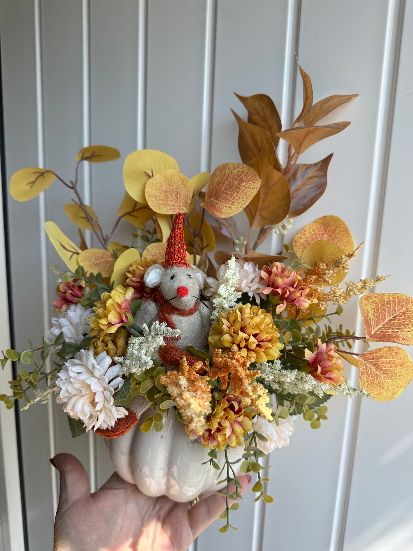 Ceramic Pumpkin with Faux Flowers with  mouse
