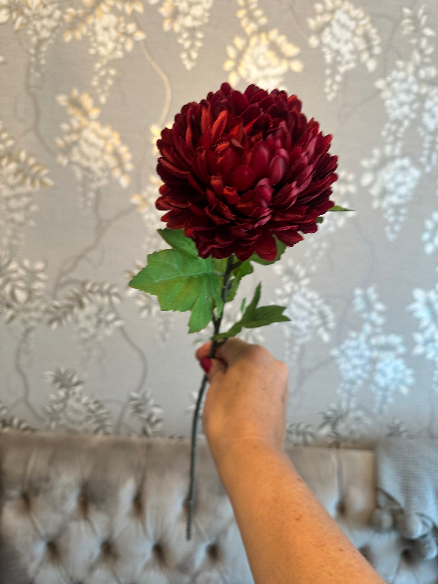 Faux Chrysanthemum Single Stem ~ Deep Red