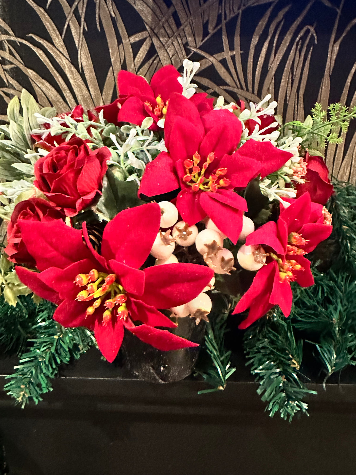 Faux Poinsettia & Rose Christmas Memorial Pot