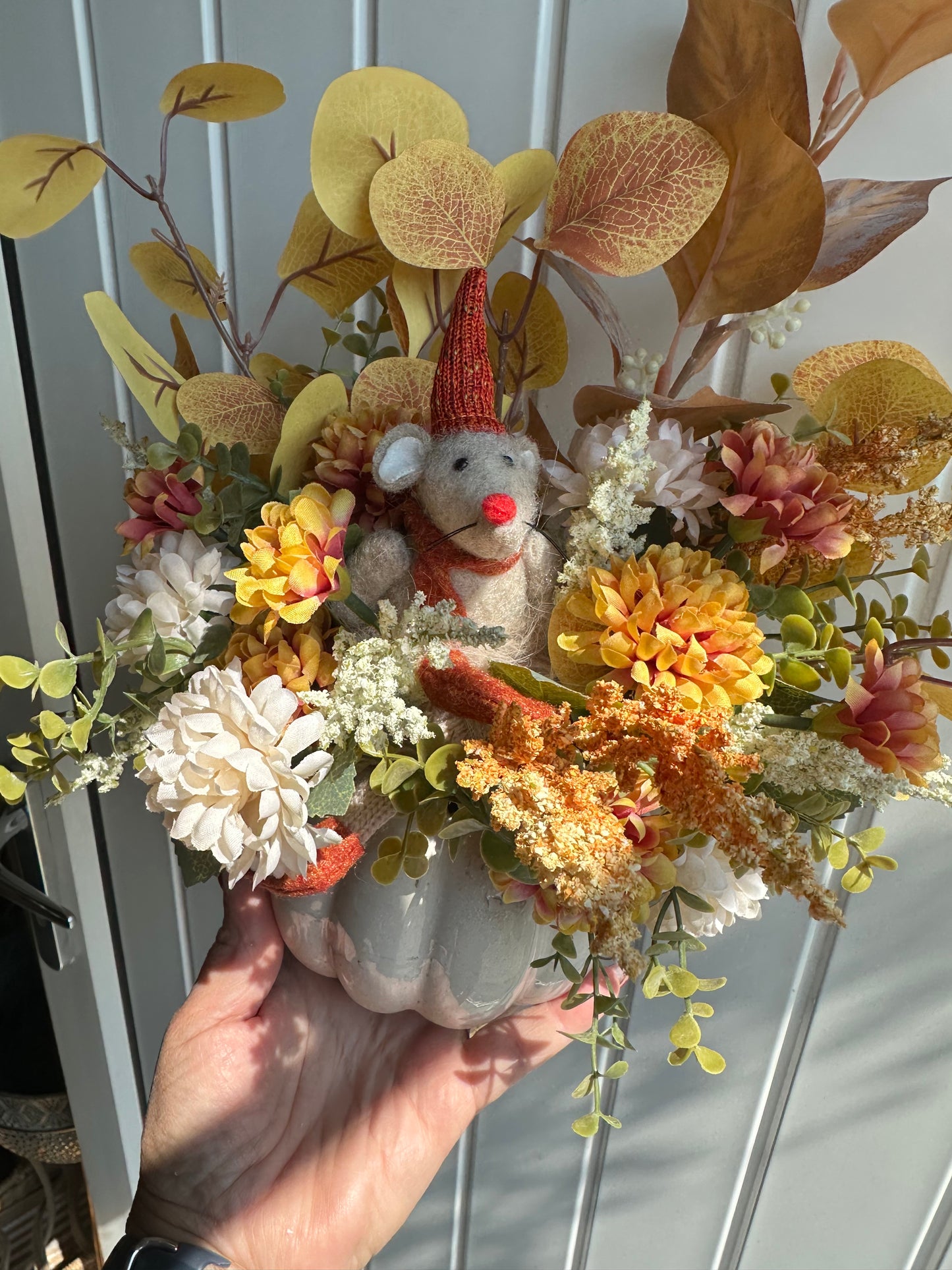Ceramic Pumpkin with Faux Flowers with  mouse