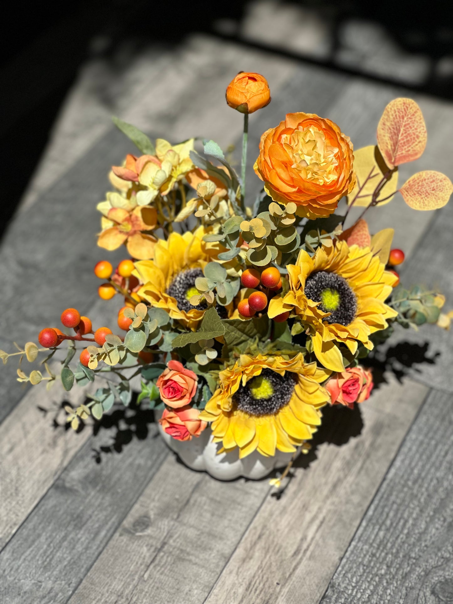 Ceramic White Pumpkin Faux Flower Arrangement