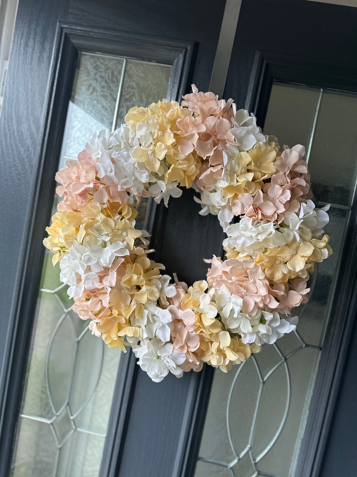 Faux Hydrangea Wreath Peach White & Lemon